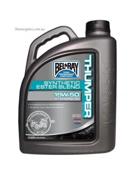 Мото моторне масло Bel Ray THUMPER RACING SYNTHETIC ESTER BLEND 4T 15W-50 4L Мото моторне масло Bel Ray THUMPER RACING SYNTHETIC ESTER BLEND 4T 15W-50 4L