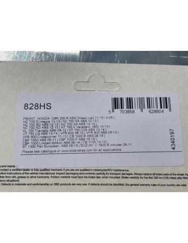 Тормозные колодки SBS 828HS | CBF 500 04-08, CBF 600 04-15, NT 700 V 06-13, XL 700 V 08-13, XL 1000 V 04-13